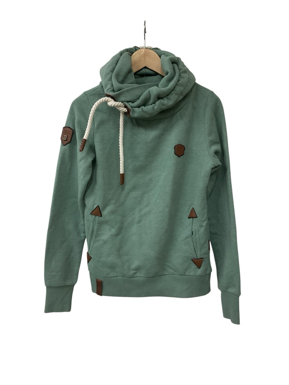 Naketano Green Pullover Hoodie Women Cowl Neck Rope Drawstring Leather Patch M